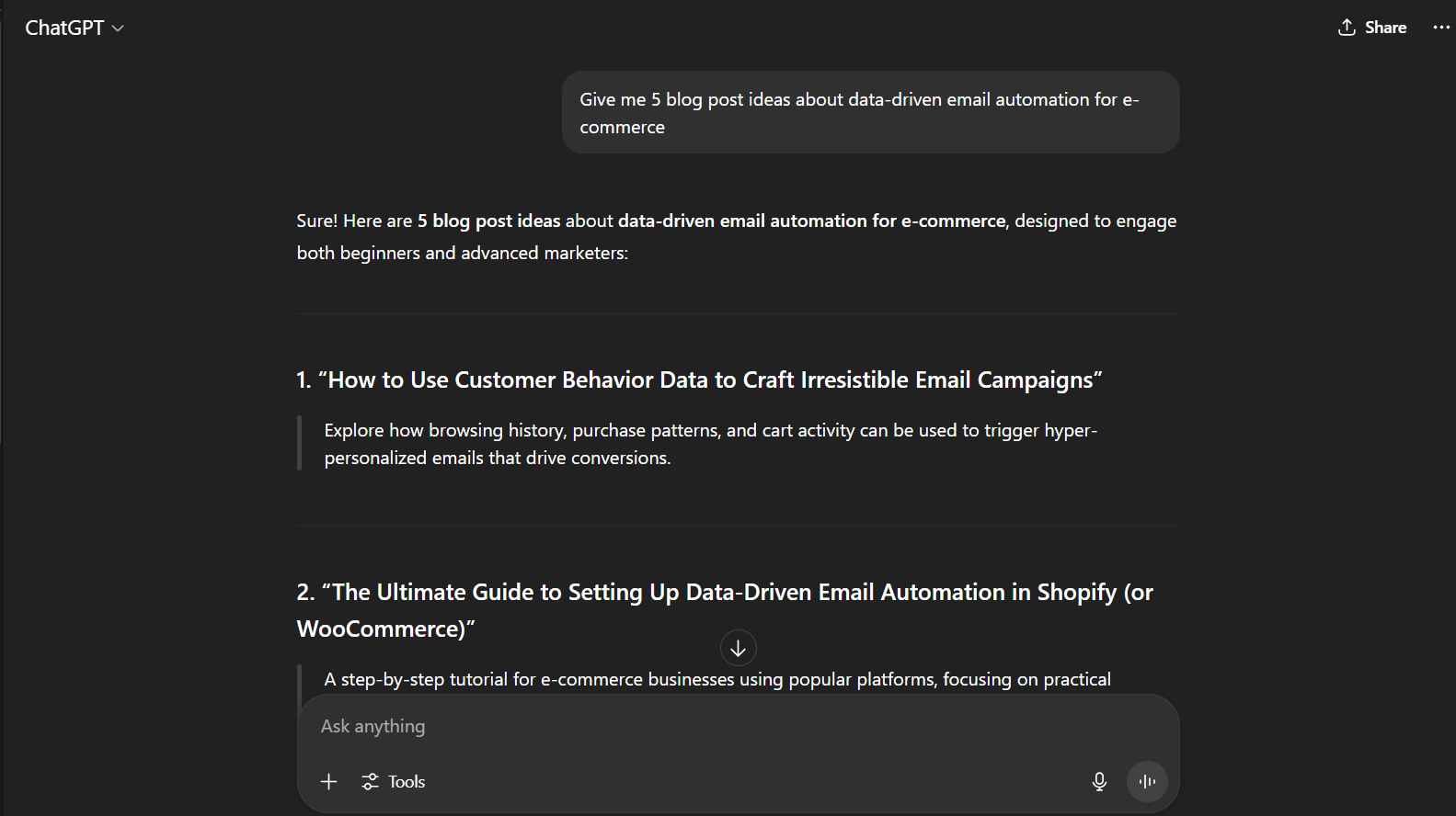 Give me 5 blog post ideas about data-driven email automation for e-commerce